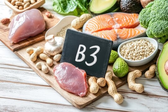 Fresh assortment of healthy foods including salmon, chicken, vegetables, and nuts arranged on a wooden board with a chalkboard label indicating vitamin B3