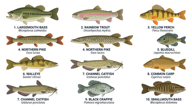 Set of freshwater fish illustrations isolated on white