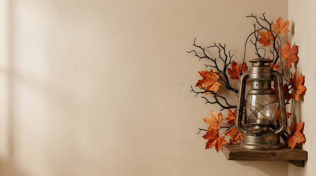 Rustic autumn lantern on wooden shelf, vintage oil lamp with orange fall leaves, cozy home interior wall decor with copy space Halloween