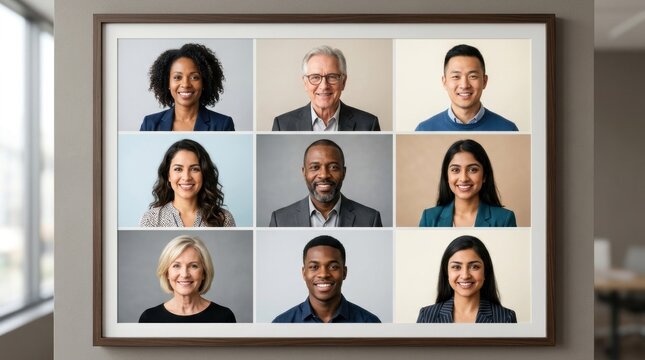 A framed collage of nine diverse individuals, each with a unique background and expression, set against a neutral background.