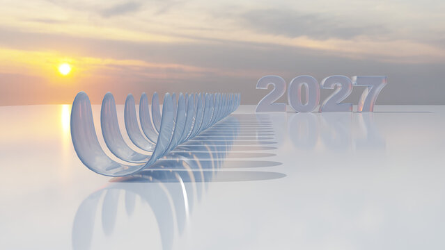 3D 2027 Year Text and Abstract Curved Structure at Sunset