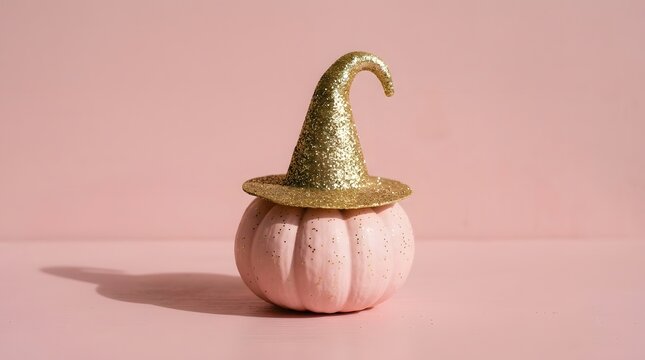 A small pink pumpkin wearing a sparkly gold glitter witch hat on a pink background