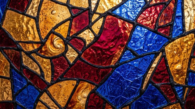 Closeup of vibrant stained glass window with intricate patterns and textured colorful panels in red, blue, and gold