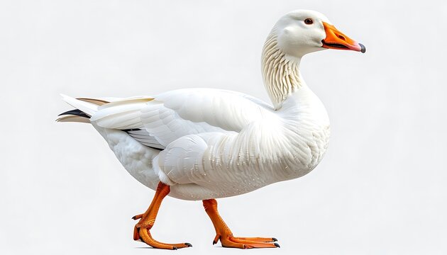 White domestic goose walking gracefully, profile view, clear background, representing farm animals and waterfowl