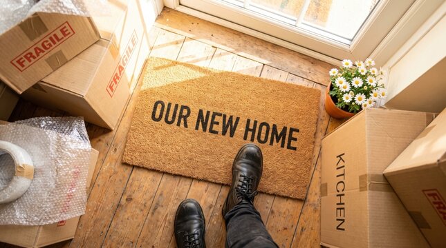 Man stepping onto doormat with text our new home at entrance of house. Moving day concept with cardboard boxes and packing supplies on wooden floor. Residential relocation and lifestyle.