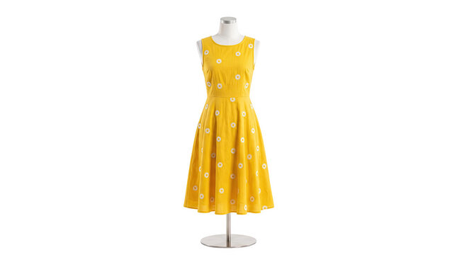 Bright yellow sleeveless patterned dress on mannequin in stock_photo_8.jpg