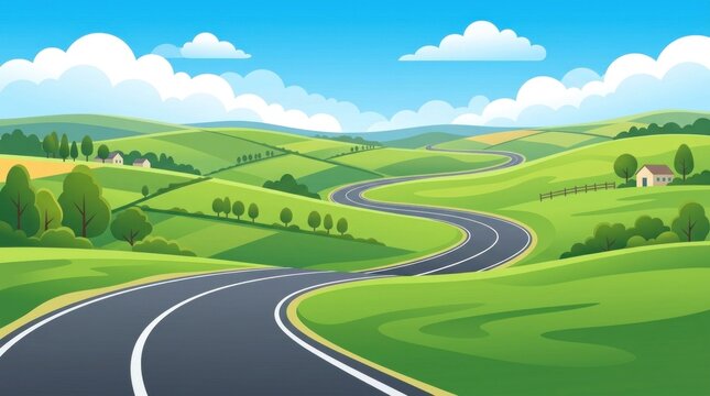 A winding road through a lush green landscape with rolling hills, meadows, and a few scattered houses, under a clear blue sky with fluffy white clouds.