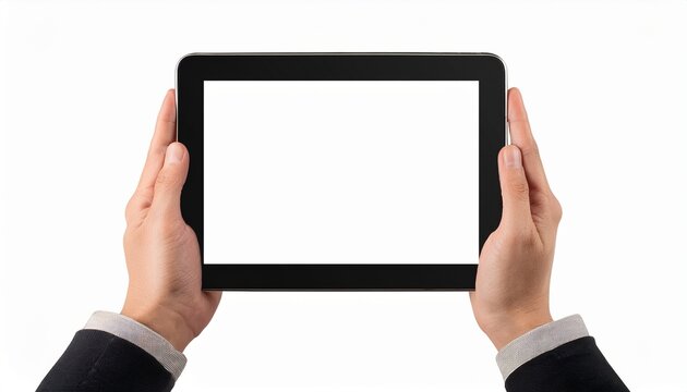 hands holding black tablet in landscape orientation with white screen isolated on white background cutout background