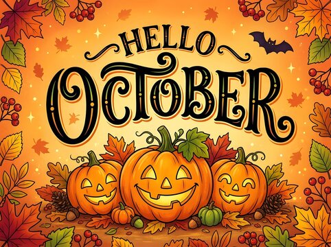 Hello october text with festive jack o lanterns and autumn leaves for seasonal fall celebration