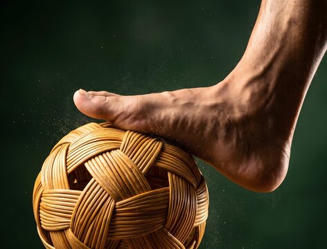 Extreme high-speed macro shot of a bare foot striking a woven rattan sepak takraw ball at the exact moment of impact. The rattan lattice visibly compressing and deforming under the instep