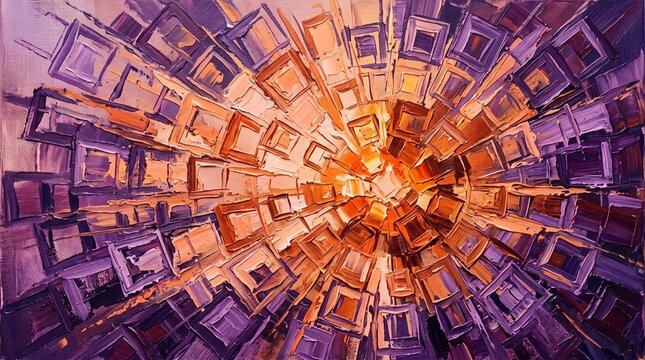 Abstract oil painting with a tunnel effect of square shapes in shades of purple, orange, and gold, textured impasto style