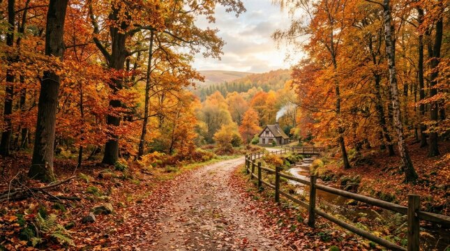 A serene autumnal forest scene with a rustic wooden cabin, a stream, 