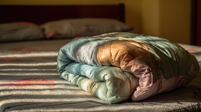 A cozy quilted comforter folded on a neatly made bed with soft sunlight filtering through.