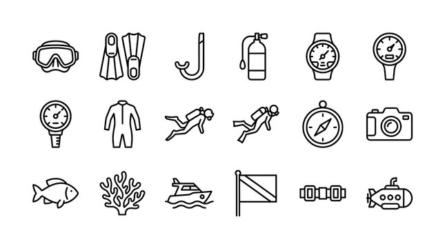 Scuba diving thin line icon set.