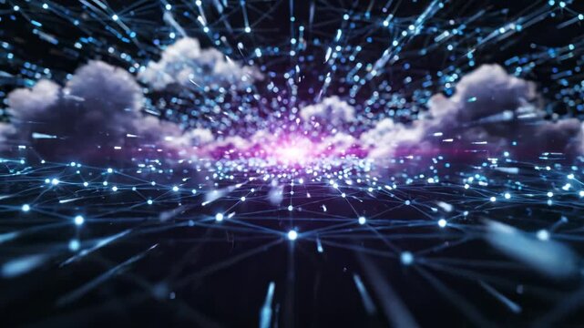 Futuristic Digital Network with Glowing Interconnected Nodes and Clouds in Blue Cyber Space