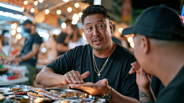 Kazakh palm reader surrounded by street performers and market crowds, holding a customer's hand flat beneath string lights, urban night market backdrop buzzing with vendors, mystical consultation am