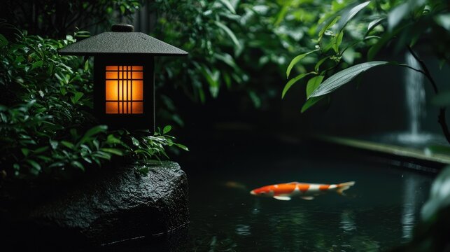 Peaceful garden scene with a lantern and koi fish.