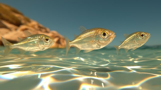 Three small fish swimming in shallow, clear water.