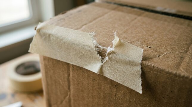 A torn cardboard box with tape on it, sitting on a wooden table with a window in the background.