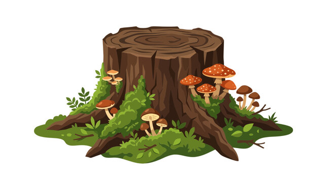 Cartoon tree stump with mushrooms and moss on white background
