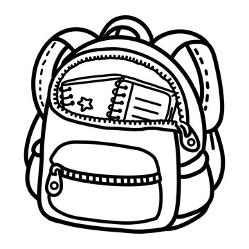 Doodle line art illustration of an open school backpack filled with spiral notebooks. Bold clean outlines