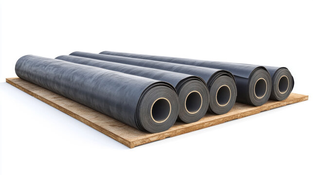 Black waterproof membrane rolls stacked on a wooden pallet for construction site insulation.