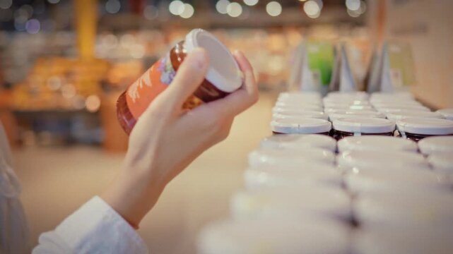 A young woman selects a jar of homemade style jam from a shelf with a wide variety of preserved and canned goods carefully studying the label before buying