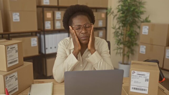 Woman seated at laptop with hands on face beside shipping boxes at packing desk in building; stress small business.