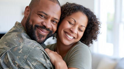 Fototapeta premium A young Asian woman embraces a middle-aged Black soldier at home after deployment, both smiling in bright natural light, military reunion, family support, service member, affection,