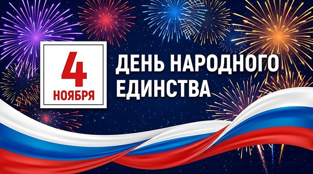 National Unity Day celebration banner with Russian flag colors and festive fireworks on a dark blue background
