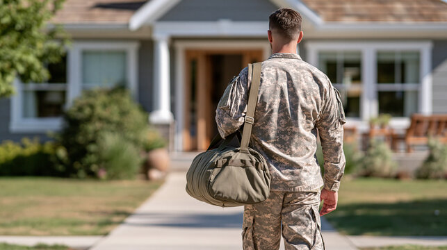 Seen from behind, a courageous young soldier walks toward a bright welcoming house carrying a duffel bag after deployment, military homecoming, return home, service member, luggage,