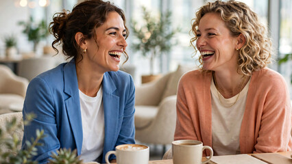 Fototapeta premium Two cheerful women bright casual colleagues chatting and laughing during an informal meeting in a modern open-plan office, radiating enthusiasm, positivity and genuine workplace.