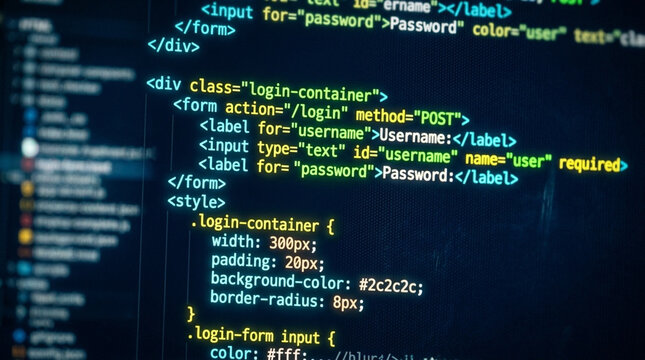 Programming HTML and CSS source code for a secure website login page interface on a dark screen