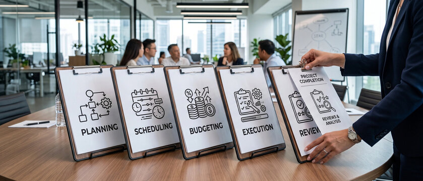Business project management process steps displayed on clipboards on a conference table in a modern office