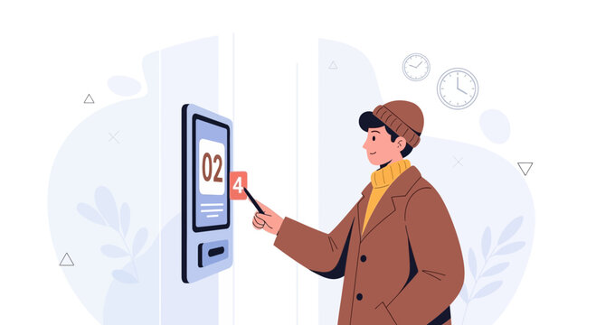 Man interacting with digital kiosk displaying queue number