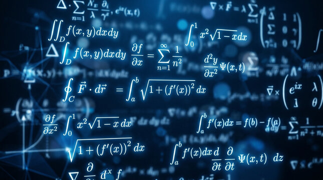 Complex Mathematical Formulas and Calculus Equations Glowing on Abstract Blue Digital Background