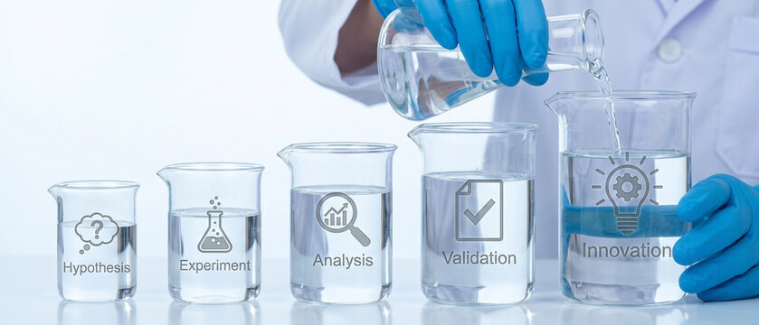 Scientist pouring liquid into a beaker with innovation concept icons isolated on white background