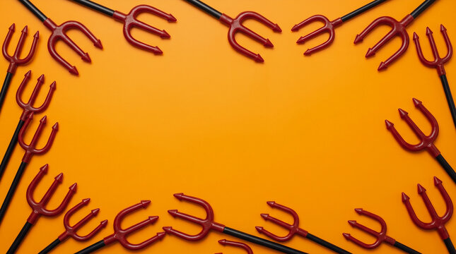 Halloween orange background with red devil forks forming a bold border frame, spacious spooky copy space for scary Halloween party decoration, evil horror backdrop and festive seasonal design