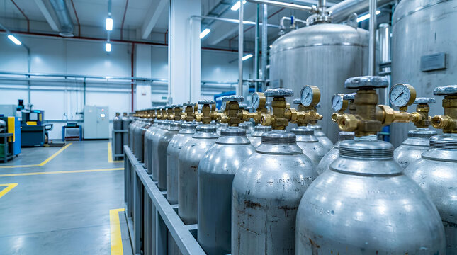 Row of industrial gas cylinders in factory interior.