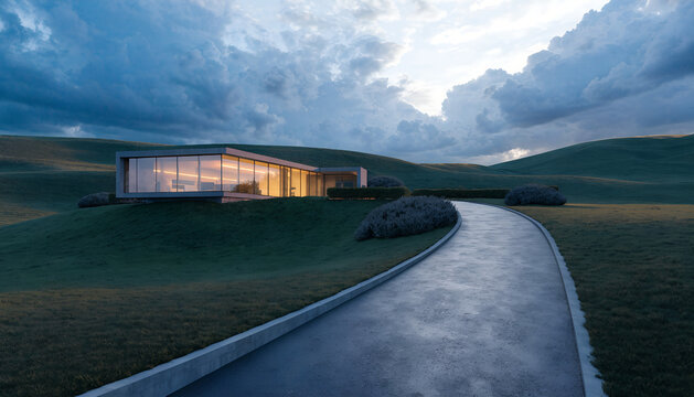 Modern Farmhouse on Rolling Hills

Luxury farmhouse on gently rolling green hills, golden-blue twilight, illuminated floor-to-ceiling windows, minimalist landscaping, long curved driveway, dramatic cl