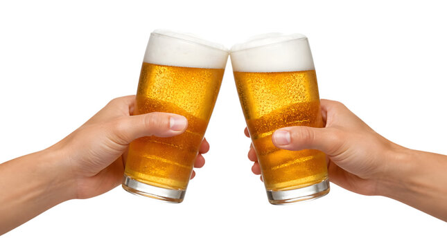 Two hands toasting with beer glasses. Friends cheering with lager drinks isolated on white.
