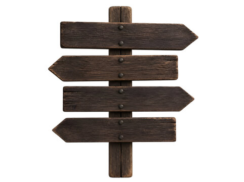 Wooden signpost with four blank arrows. Rustic timber direction board isolated on white.