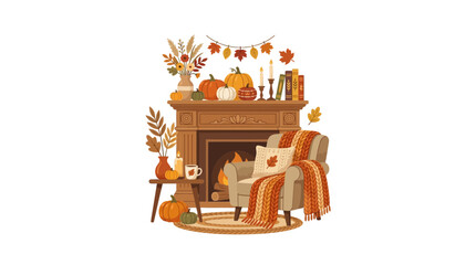 Cozy autumn living room with fireplace and armchair.