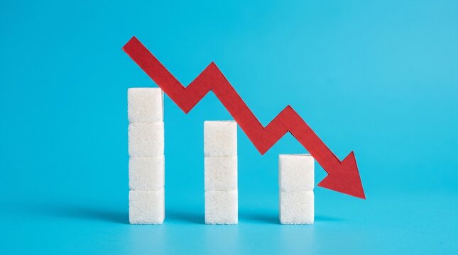 Sugar consumption reduction concept, white sugar cubes bar chart with falling red arrow, healthy diet and diabetes prevention metaphor on blue background