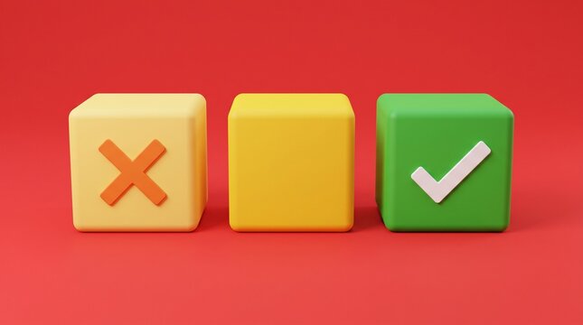 Minimalist 3D blocks with checkmark and cross symbols, colorful cubes for decision making and feedback, evaluation concept on red background