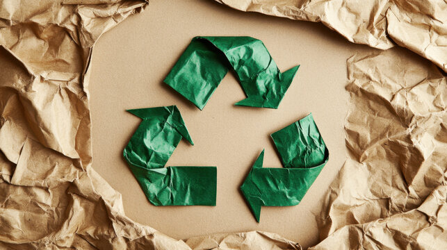 Green recycling symbol made from crumpled paper on a textured brown background surface.