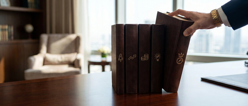 Businessman hand placing a book on a desk with business icons on the spines in a luxury office