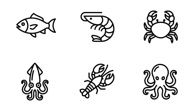 Seafood and Fish Outline Icon Set for Menu Design