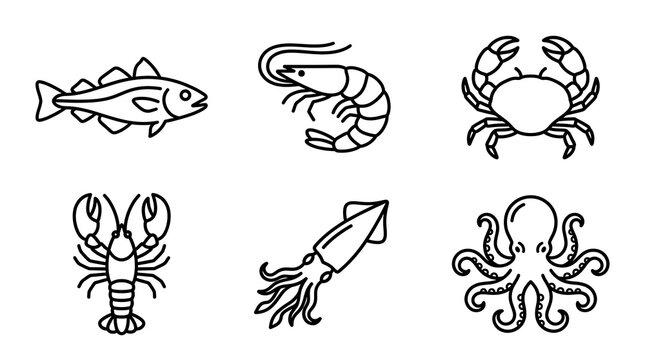 Seafood and Fish Line Icon Set for Menu Design