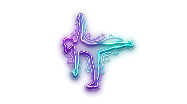 Abstract purple and blue neon glowing yoga pose silhouette with silhouette exercise abstract wellness meditation stretching isolated background lifestyle flexibility illustration luminous
